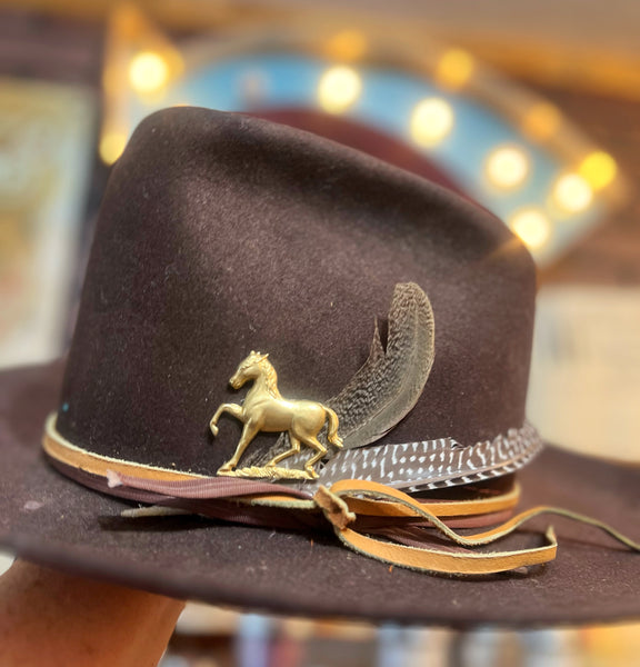 Brown cowboy hat with gold horse emblem and feather detail, blurred background