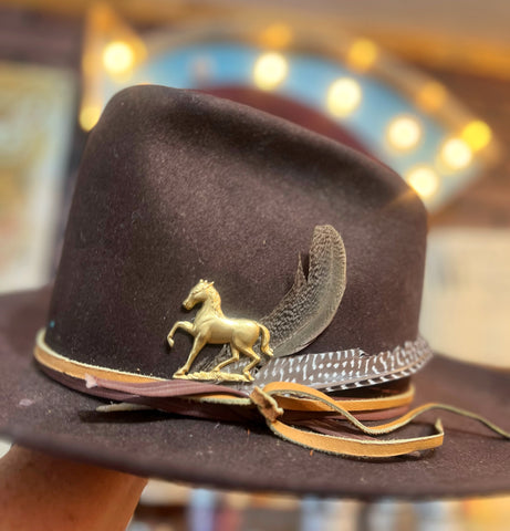 Brown cowboy hat with gold horse emblem and feather detail, blurred background