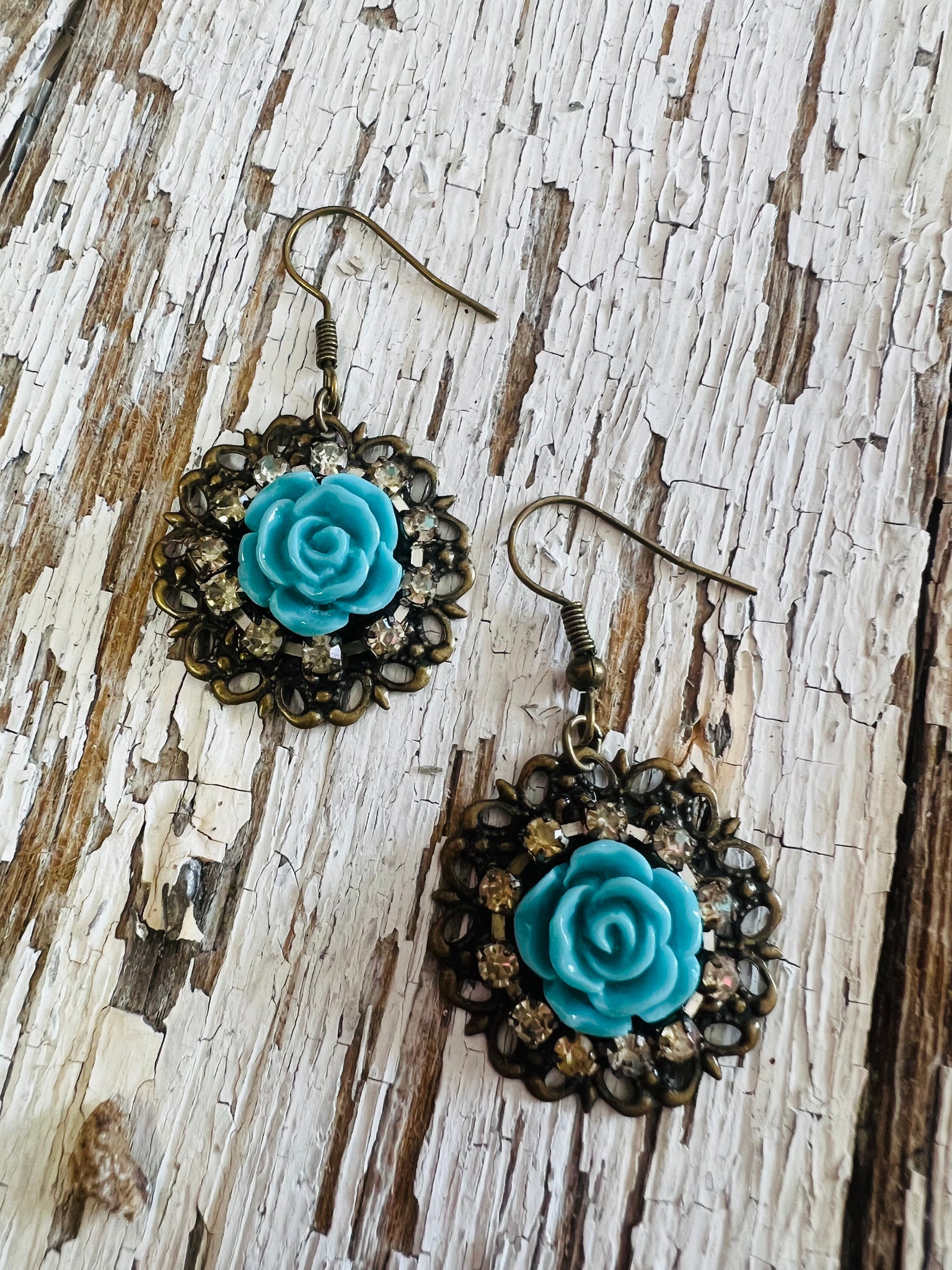 Robins Egg Blue Rose Filigree Earrings