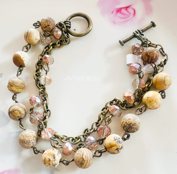 Neutral Brown Triple Strand Beaded Bracelet