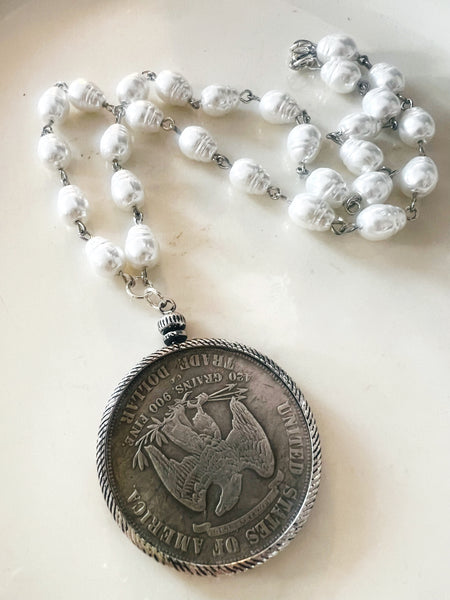 Vintage Trade Dollar Coin Bezel Chain Necklace