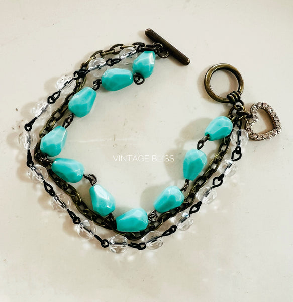 Turquoise & Crystal Triple Strand Beaded Bracelet