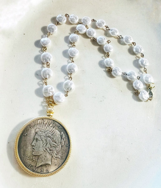 Vintage Liberty Coin Bezel Pearl Beaded Chain Necklace