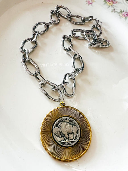 Buffalo Nickel Brass Patina Link Chain Necklace