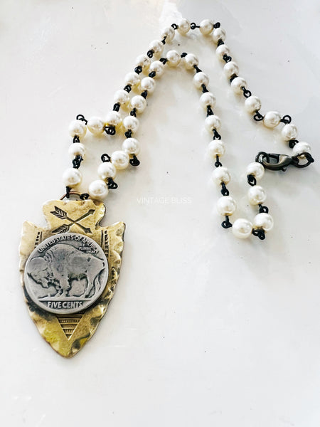 buffalo nickel arrowhead pearl beaded chain necklace