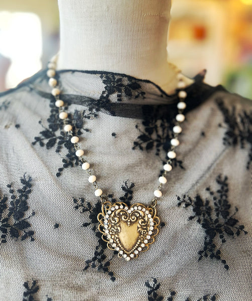 Brass Patina Heart Filigree Necklace