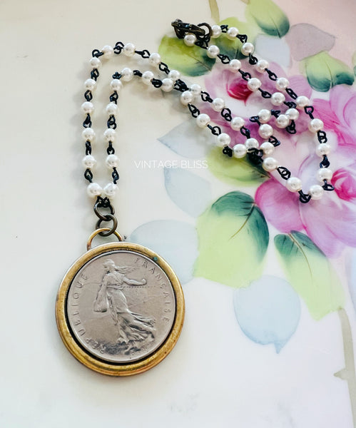 French Lady Coin Cabochon Necklace