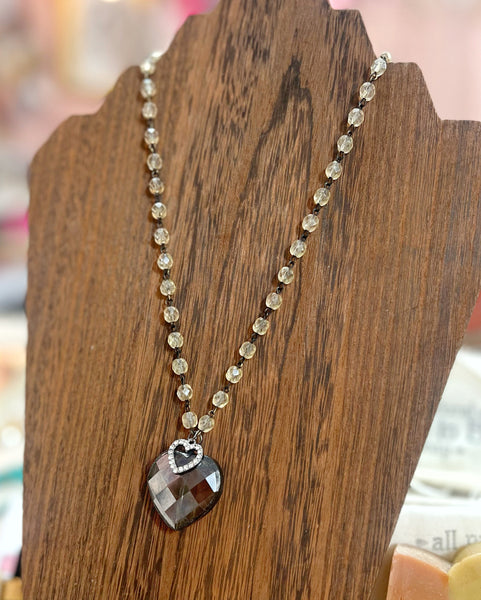 Soldered Smokey Crystal Heart Necklace Vintage Crystal Beaded Chain