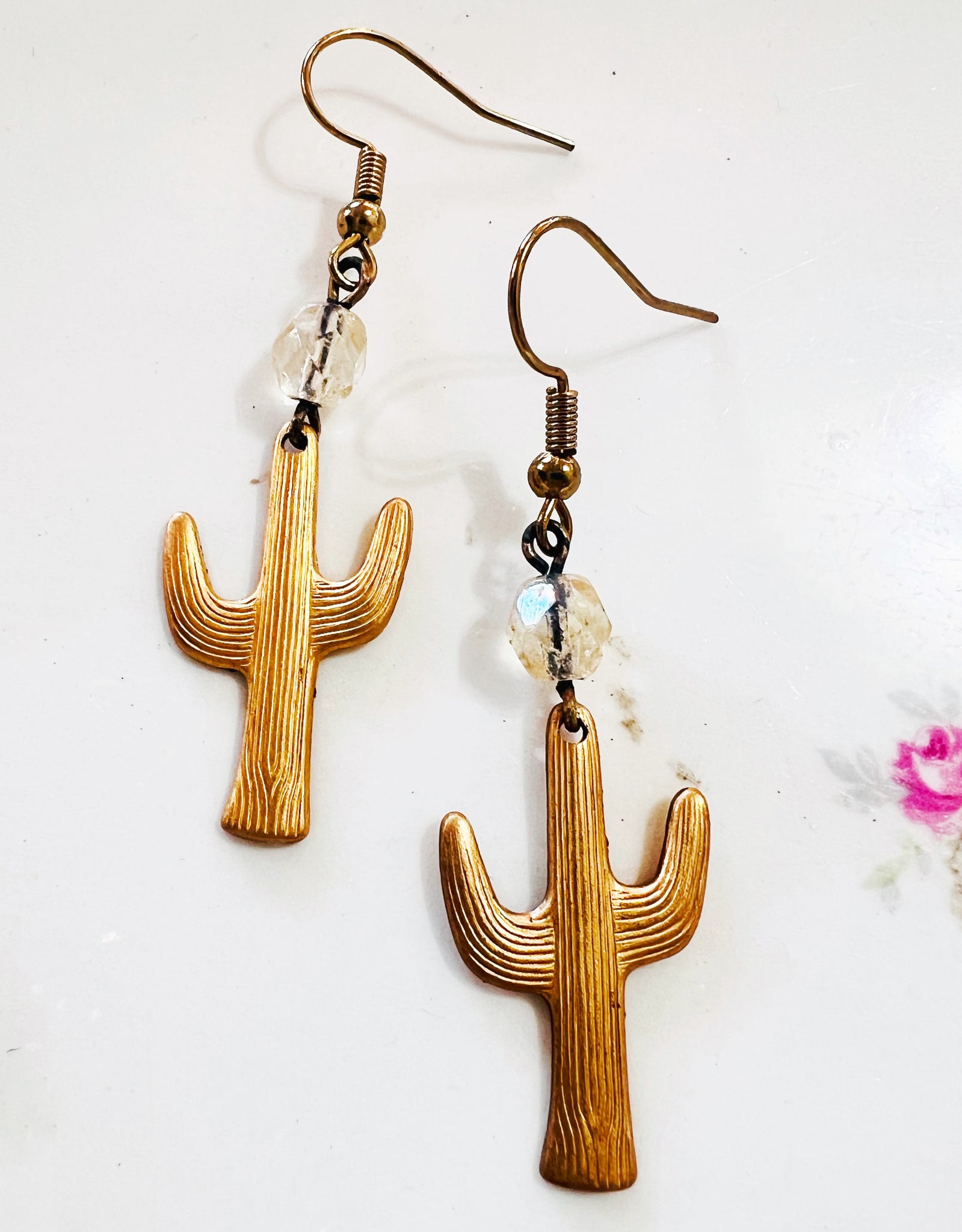 Brass Metallic Gold Cactus Earrings