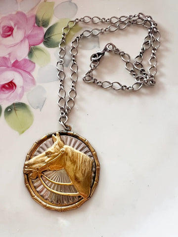 Polished Brass Silver Horse Medallion Necklace