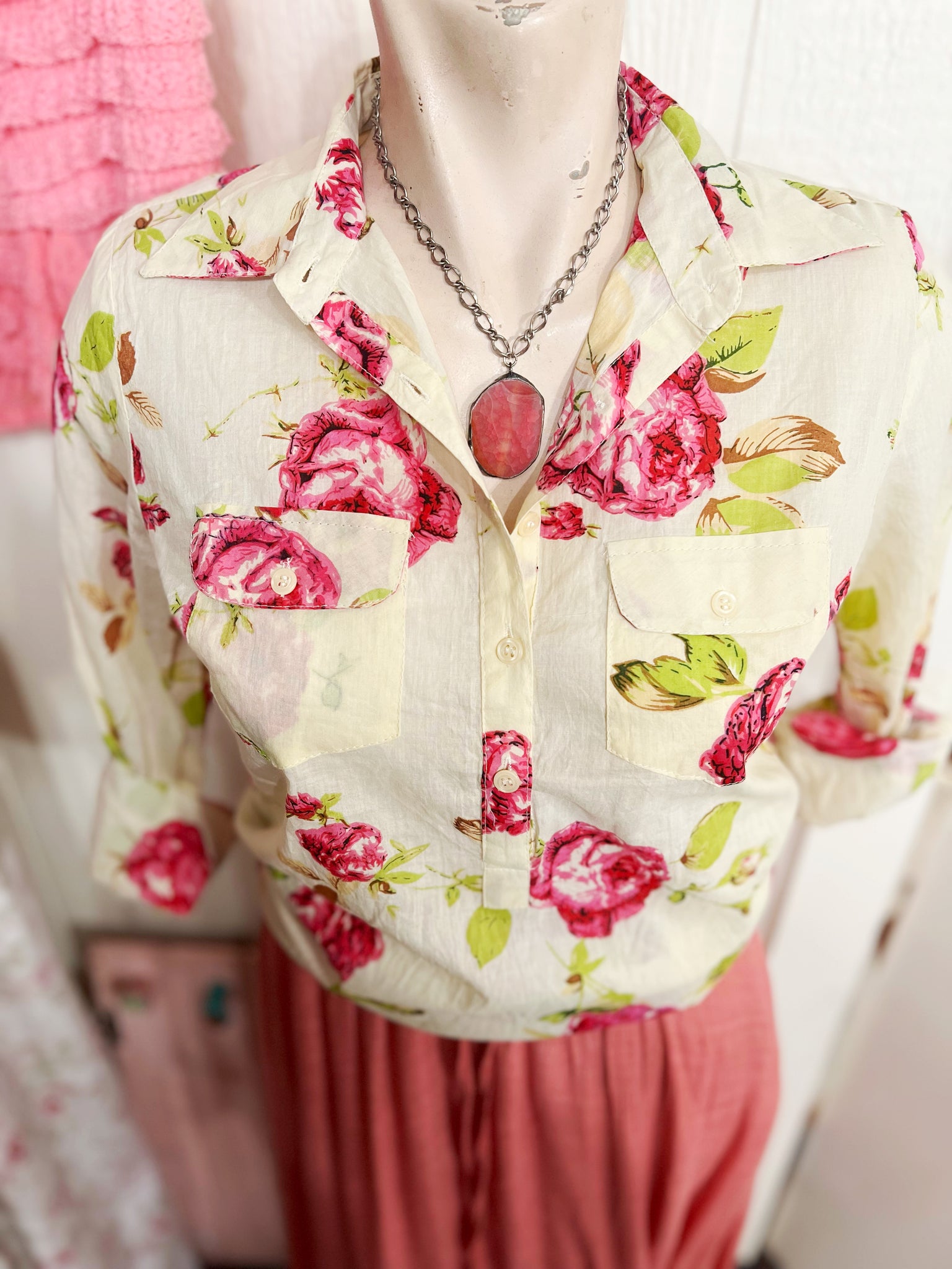 Floral Print Vintage Style 3/4 Button Down Shirt