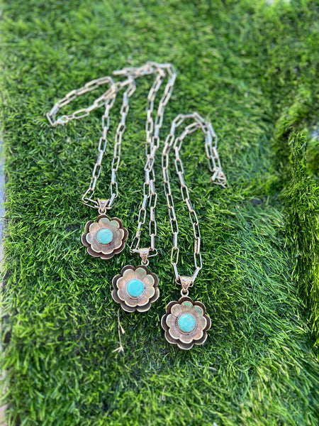 Turquoise Flower Pendant Metal Chain Necklace