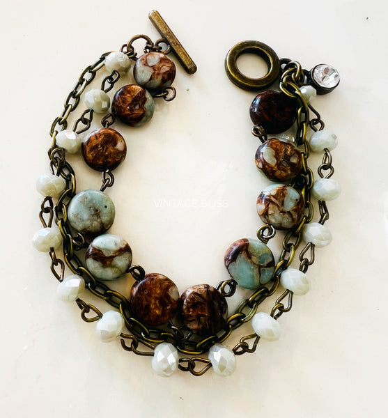 Turquoise & Brown Triple Strand Beaded Bracelet