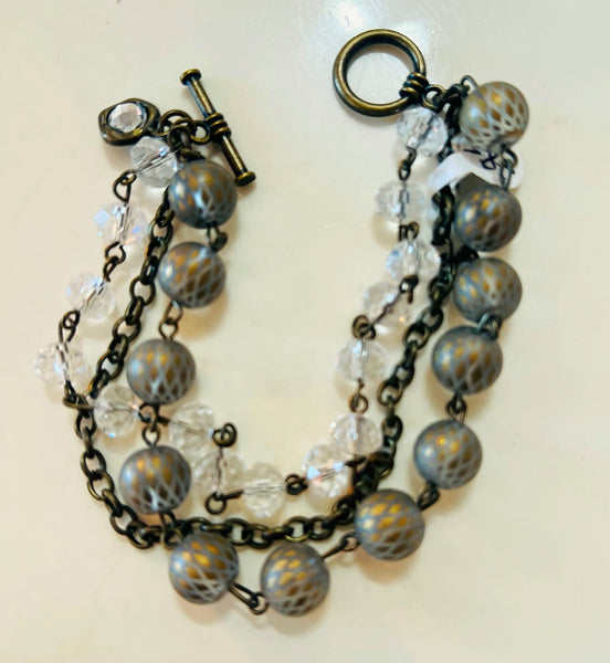 Champagne Grey & Gold Triple Strand Beaded Bracelet