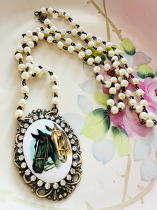 Western Horse Cameo Filigree Necklace Beaded Chain