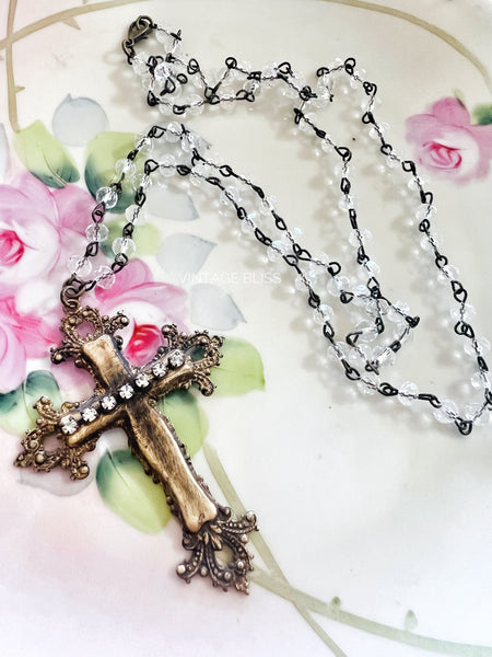 Brass Patina Filigree Cross Necklace