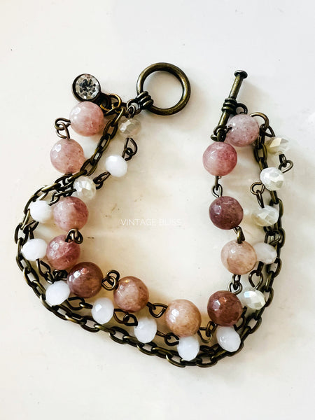 Mauve Neutrals Triple Strand Beaded Bracelet