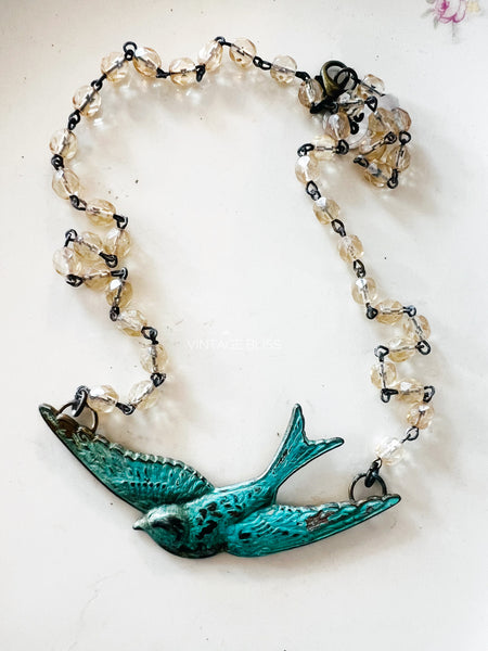 turquoise patina sparrow bird necklace