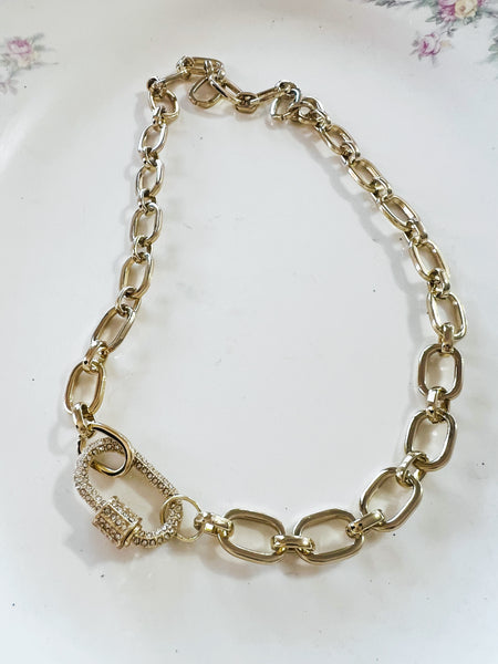 Gold Large Link Micro Pave Carabiner Necklace