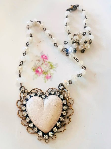 Whitewash Clay Heart Filigree Necklace