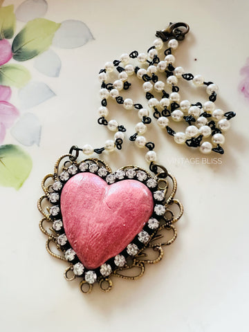 Pink Distressed Heart Filigree Necklace