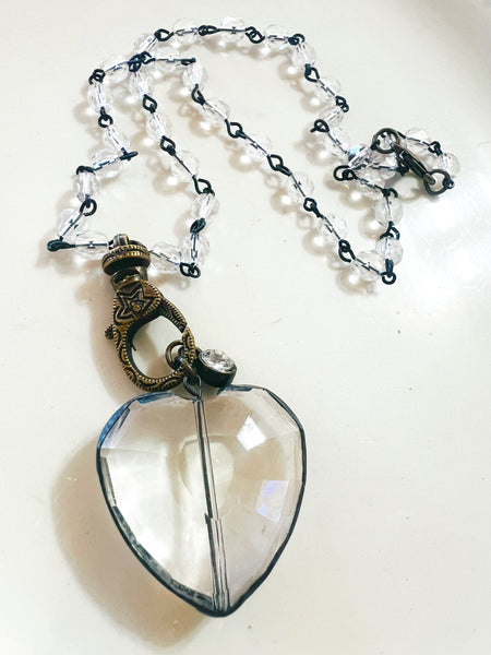 Soldered Crystal Heart Necklace Clear Beaded Chain