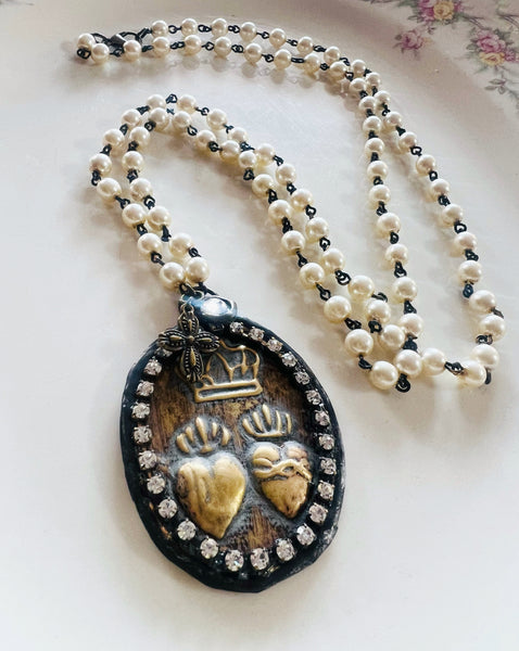 Sacred Heart Medallion Beaded Chain Necklace