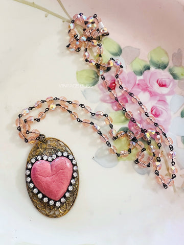 Pink Clay Heart Necklace Long