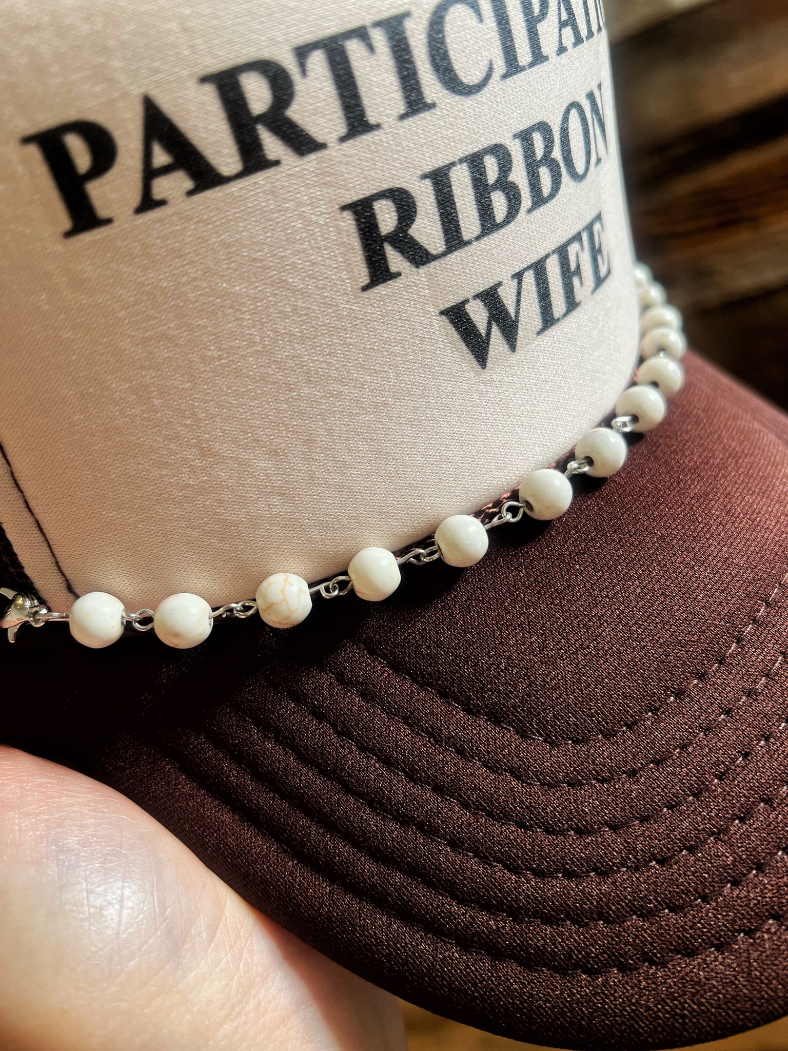 White Howlite Beaded Silver Hat Chain