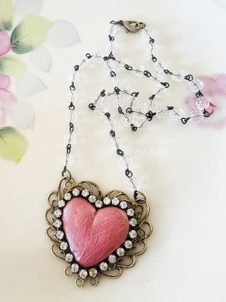 Pink Distressed Heart Filigree Necklace