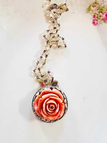 Carved Rose Necklace in Silver Setting