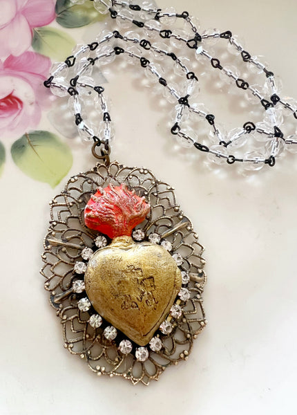 Sacred Heart Crystal Beaded Chain Necklace