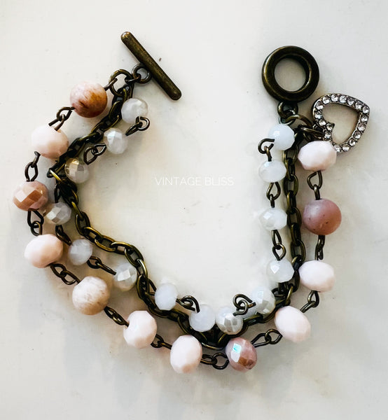 Peach & Tan Tones Triple Strand Beaded Bracelet