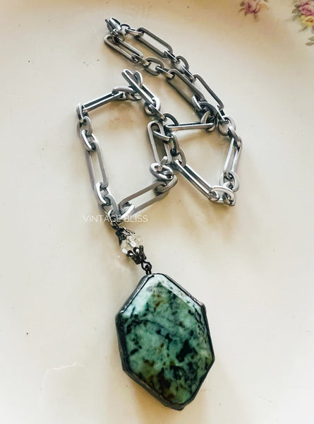 African Turquoise Soldered Metal Chain Necklace