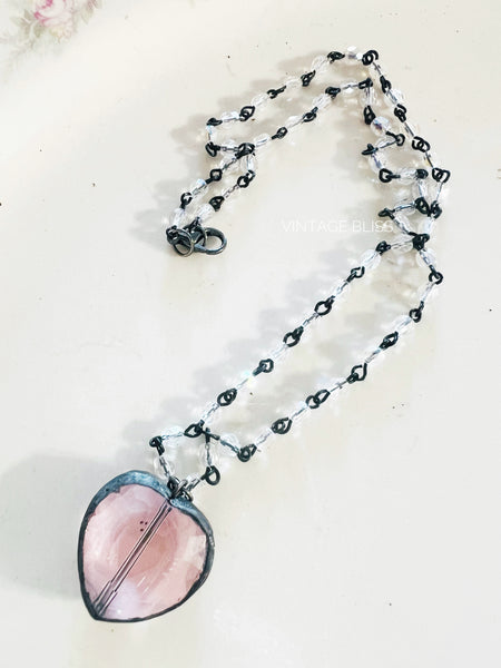 Soldered Pink Crystal  Mini Heart Necklace