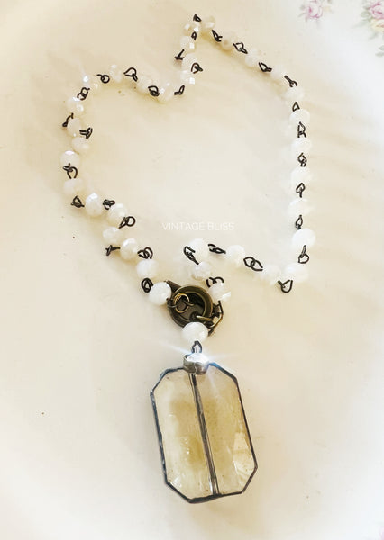 Soldered Topaz Crystal Off White Beaded Chain Necklace
