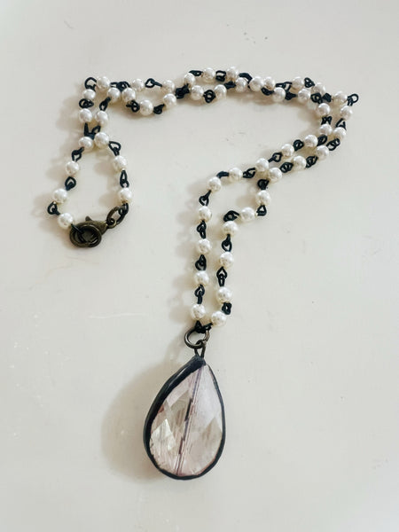 Soldered Crystal Drop Necklace Mini Pearl Beaded Chain