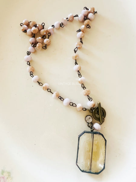 Soldered Topaz Crystal Pink/Tan Beaded Chain Necklace