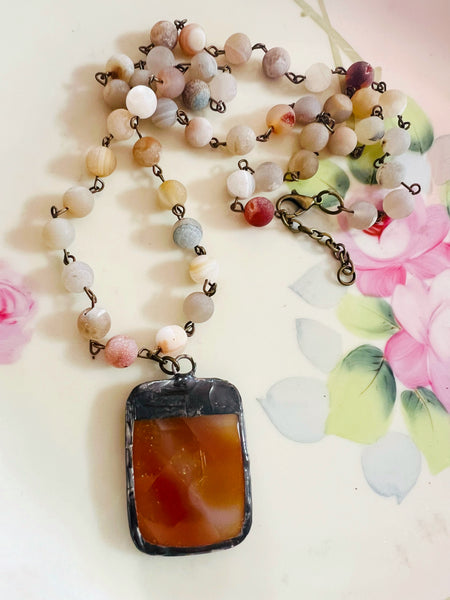 Soldered Amber Stone on Beaded Chain