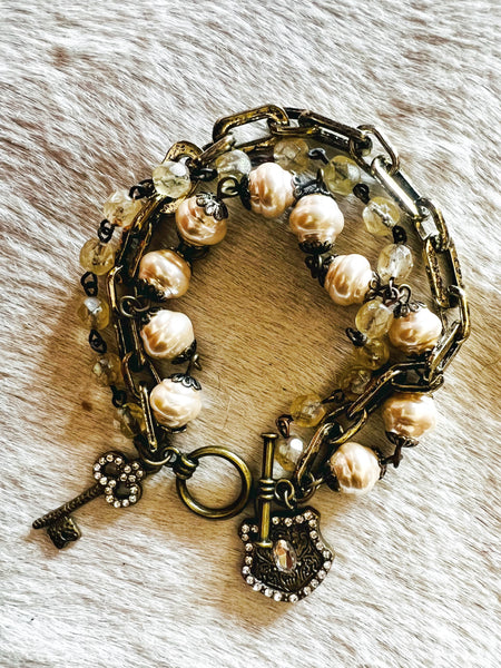 Coffee Pearl Triple Strand Beaded Bracelet
