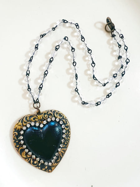 Black Clay Heart Filigree Clear Crystal Chain Necklace