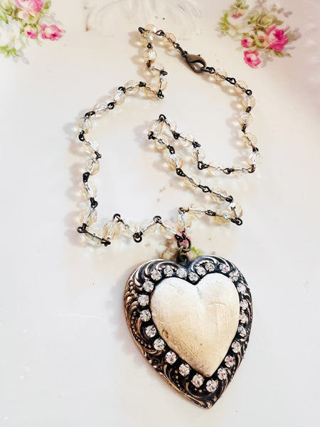Brass Patina Filigree Whitewash Clay Heart Necklace