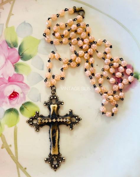 Brass Patina Filigree Cross Necklace