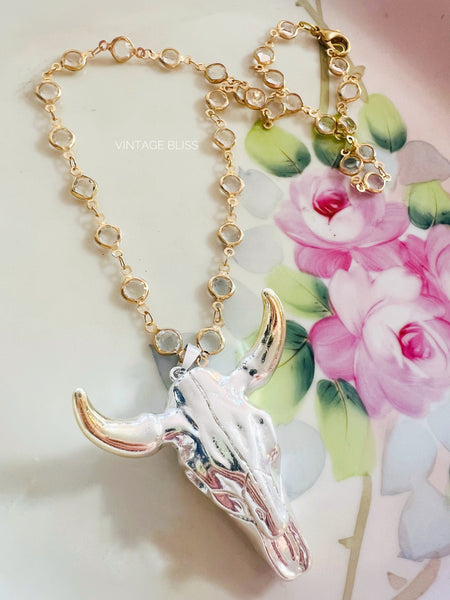 Silver Steer head Gold Color Chain Necklace