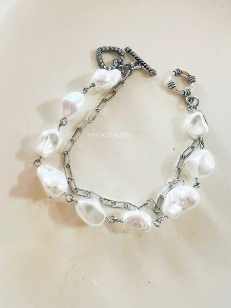 Dainty Silver Pearl Chain Bracelet