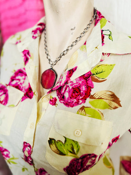 Floral Print Vintage Style 3/4 Button Down Shirt