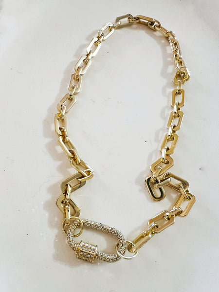 Gold Large Square Link Micro Pave Carabiner Necklace