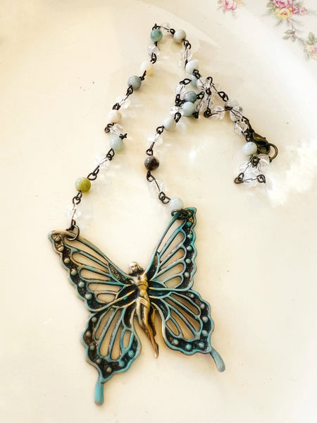 Boho Brass Patina Fairy Butterfly Necklace
