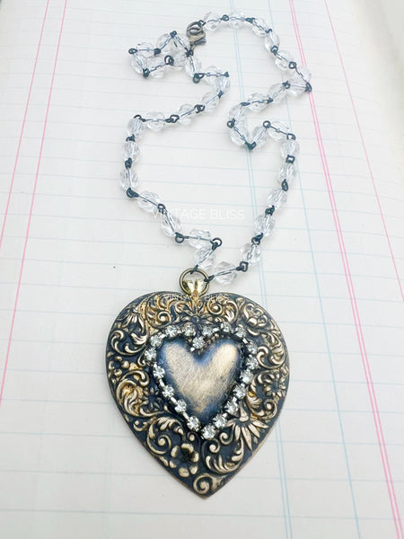 Brass Patina Stamped Heart Necklace