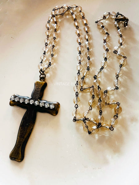 Brass Patina Rhinestone Cross Necklace